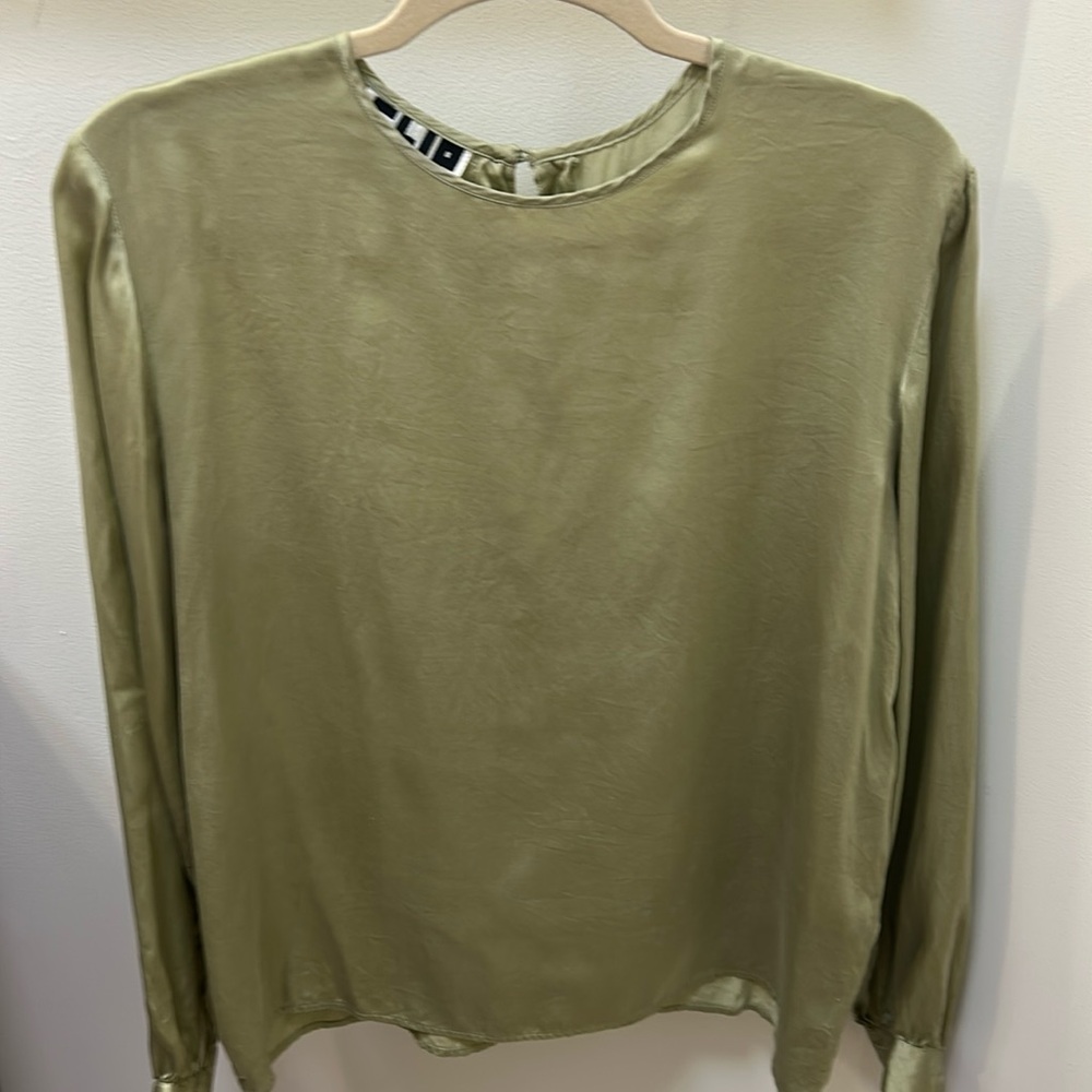 100% silk blouse, neutral, light green, long sleeve
